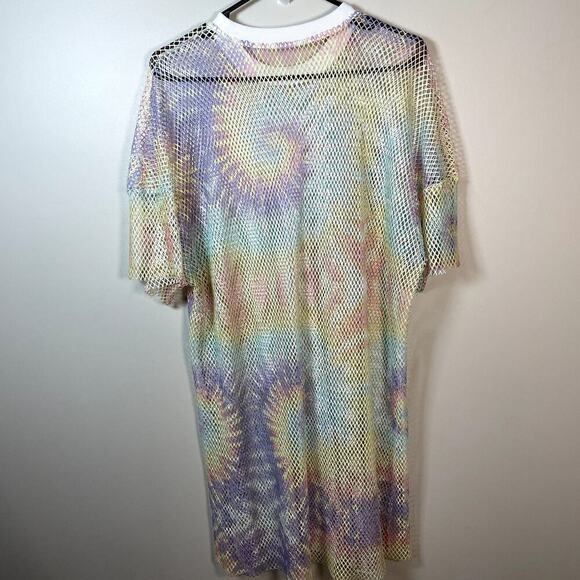 Womens Tie Dye Sheer Mesh Rainbow Oversized Stretchy Short Sleeve Coverup Tee - Picture 3 of 7